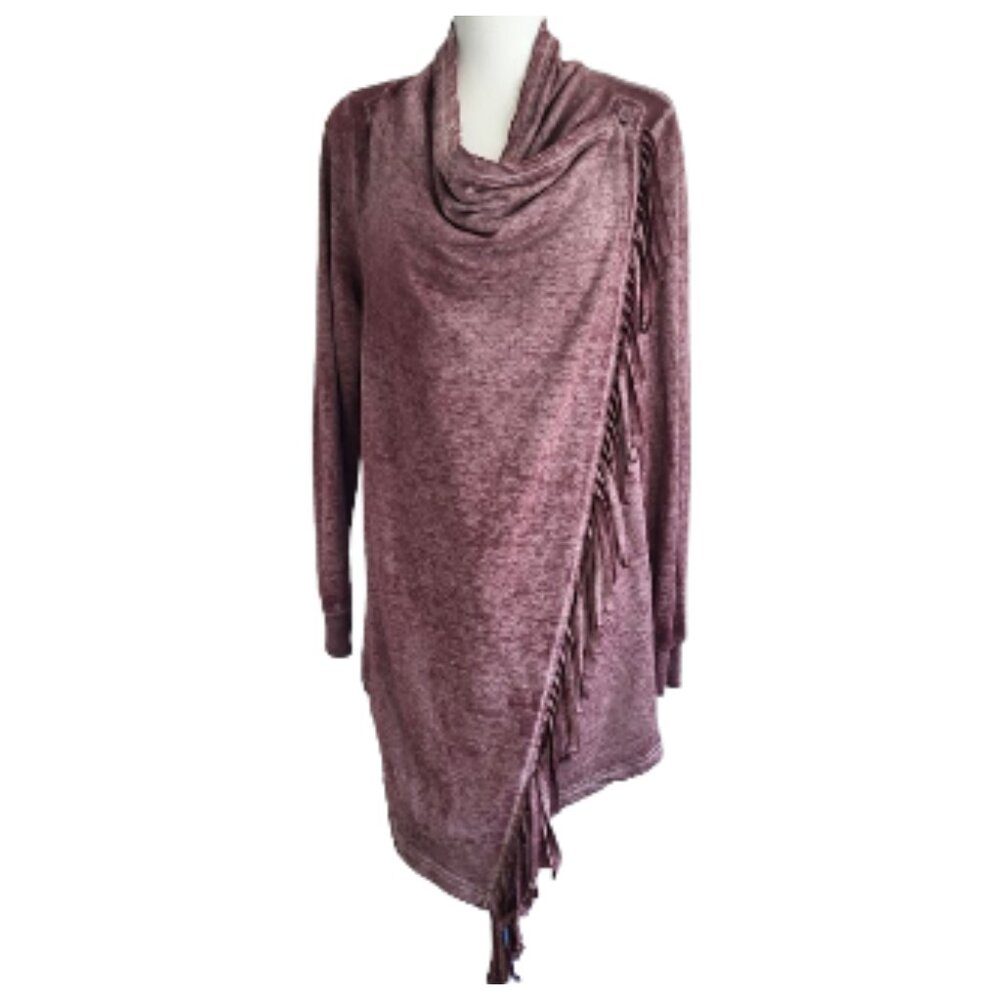 WRANGLER Cranberry Wine Fringed Button Wrap Cardigan - Women's L